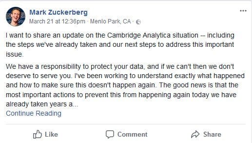 facebook zuckerberg announcement cambridge analytica